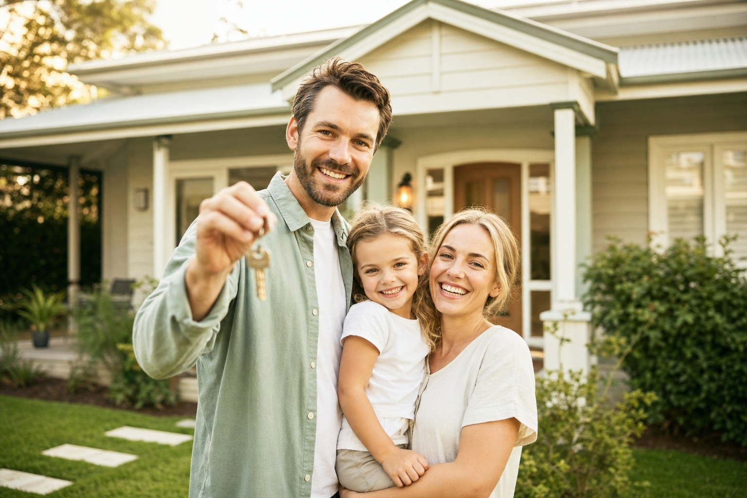 A happy young family holding house keys in front of their new home